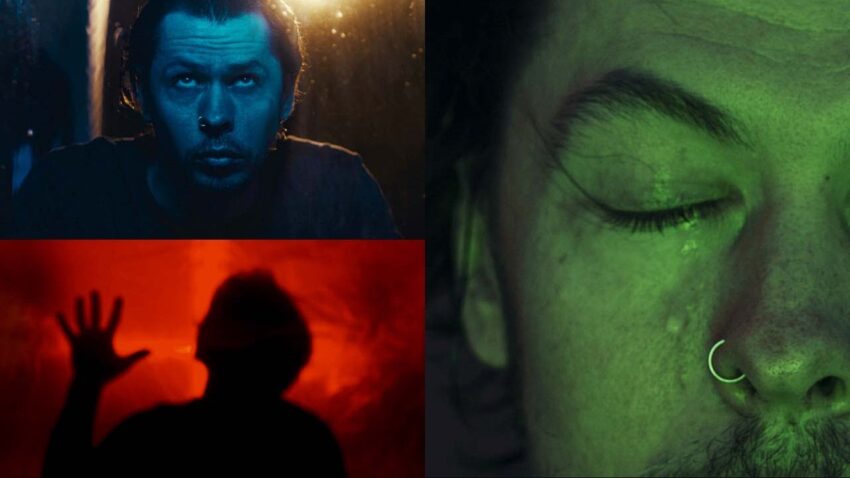 Reżyser ustawia reflektory oświetlające aktora w dramatycznej kinowej scenie