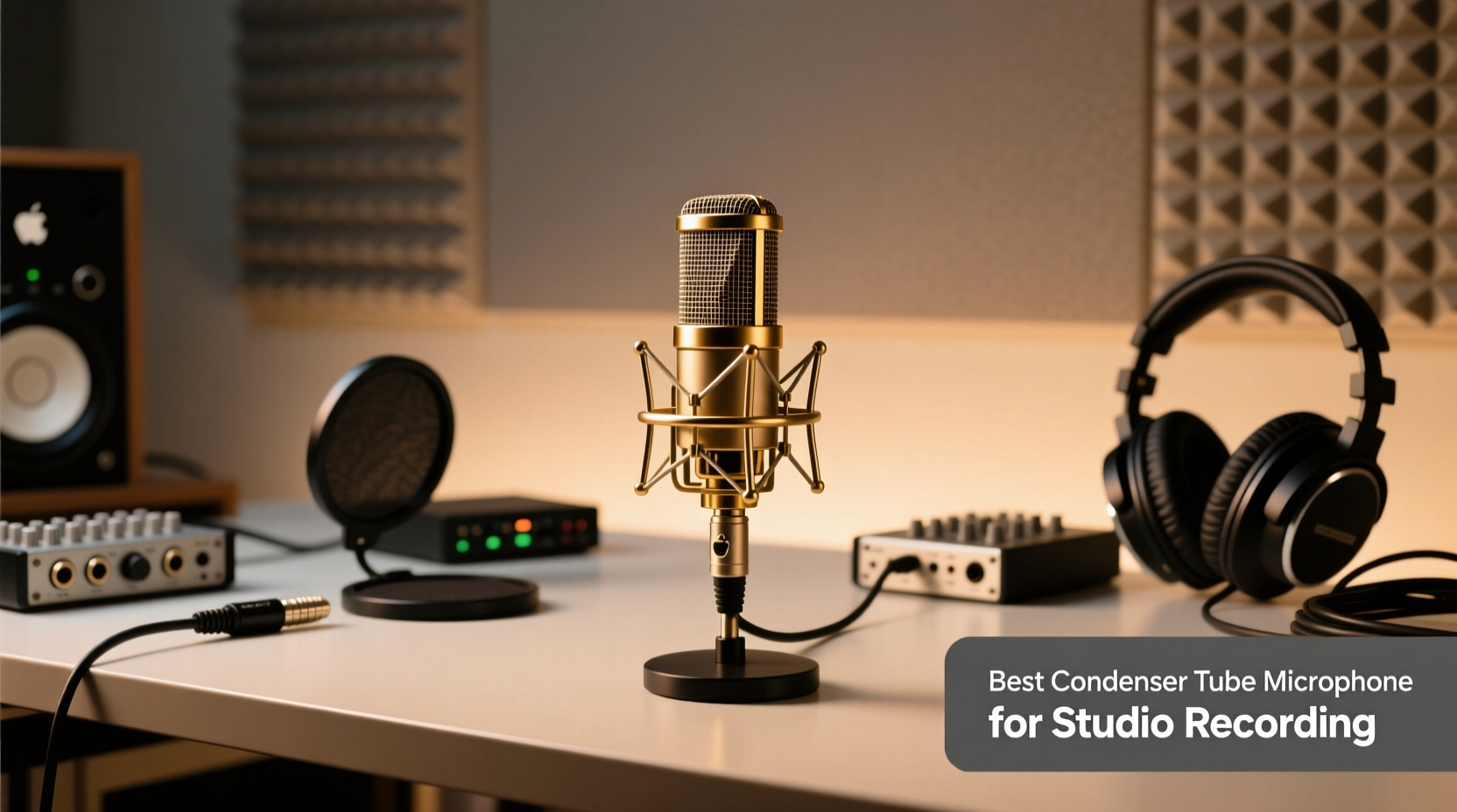 statyw mikrofonu z regulacją wysokości czarny statyw mikrofonowy z regulowaną wysokością obok pulpitu z interfejsem audio